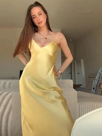Stain Dress – Women’s Summer Yellow V-Neck Sleeveless Maxi Dress
