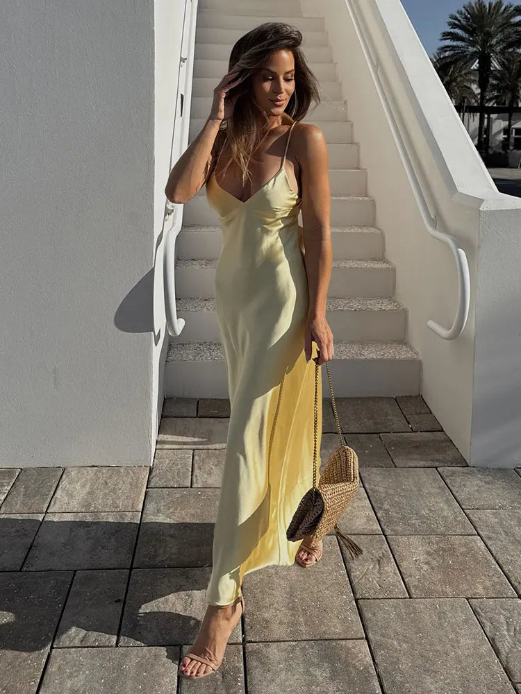 Stain Dress – Women’s Summer Yellow V-Neck Sleeveless Maxi Dress