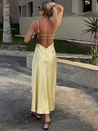 Stain Dress – Women’s Summer Yellow V-Neck Sleeveless Maxi Dress