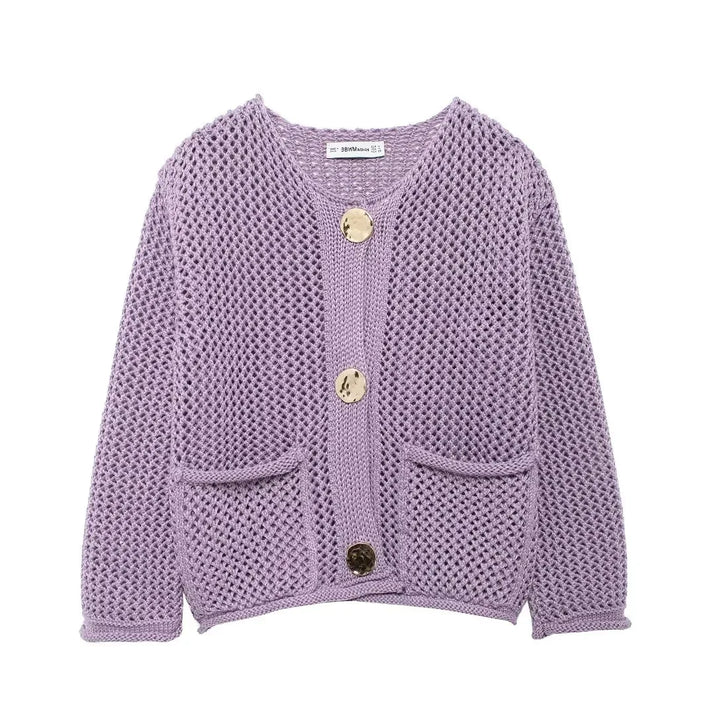 Purple knitted cardigan with gold buttons on a white background