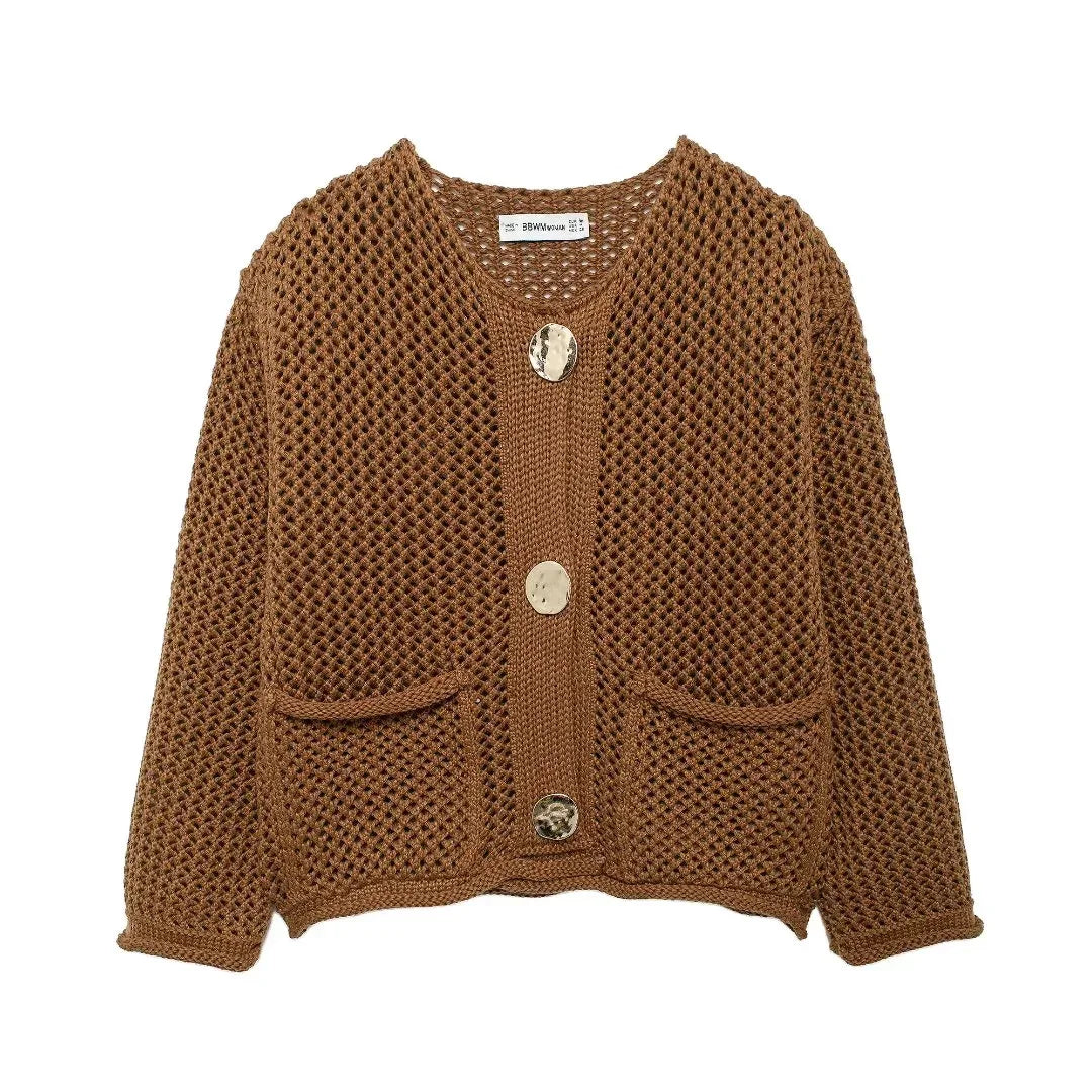 Brown knitted cardigan with buttons on a white background