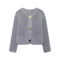 Light blue knitted cardigan with button details on a white background