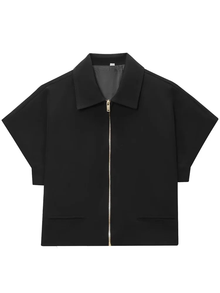 Women’s Cropped Varsity Jacket – Short Sleeve Zip-Up Summer Outerwear
