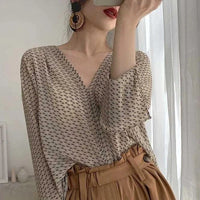 Vintage V-Neck Print Blouse for Women – Long Sleeve Chiffon Shirt