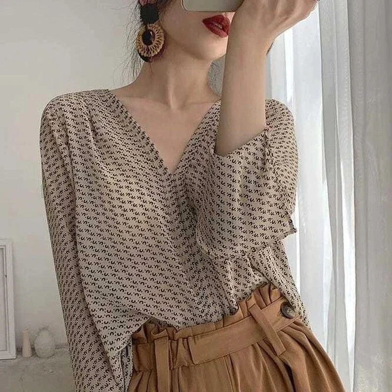 Vintage V-Neck Print Blouse for Women – Long Sleeve Chiffon Shirt