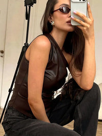 One-Shoulder Slim Jacket for Women – Fall Winter Sleeveless Zipper Coat