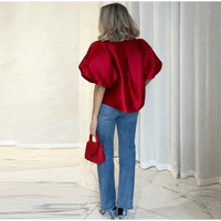 Elegant Satin Lantern Blouse – Women’s Loose Ruffle Top