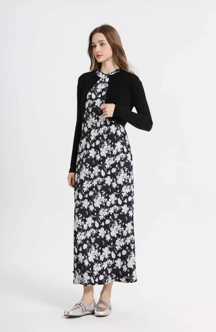 Satin Maxi Dress Set with Knitted Top – Spring Summer Style