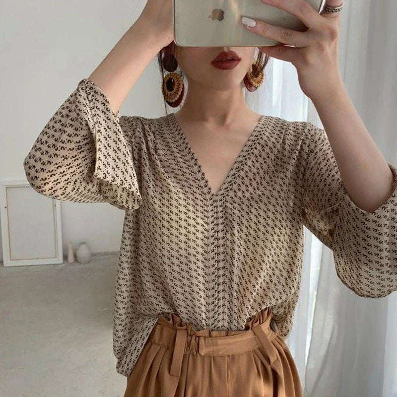 Vintage V-Neck Print Blouse for Women – Long Sleeve Chiffon Shirt