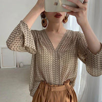 Vintage V-Neck Print Blouse for Women – Long Sleeve Chiffon Shirt