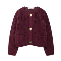 Maroon knitted cardigan with gold buttons on a white background