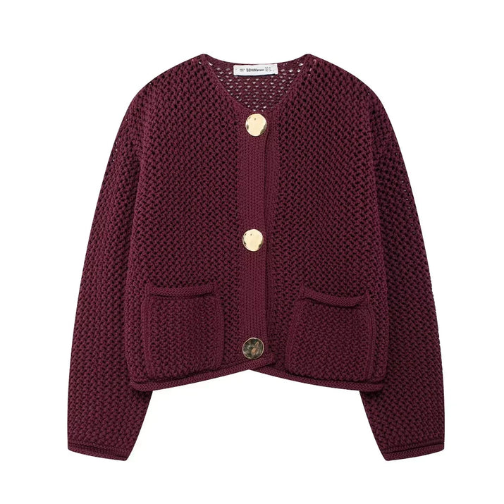Maroon knitted cardigan with gold buttons on a white background
