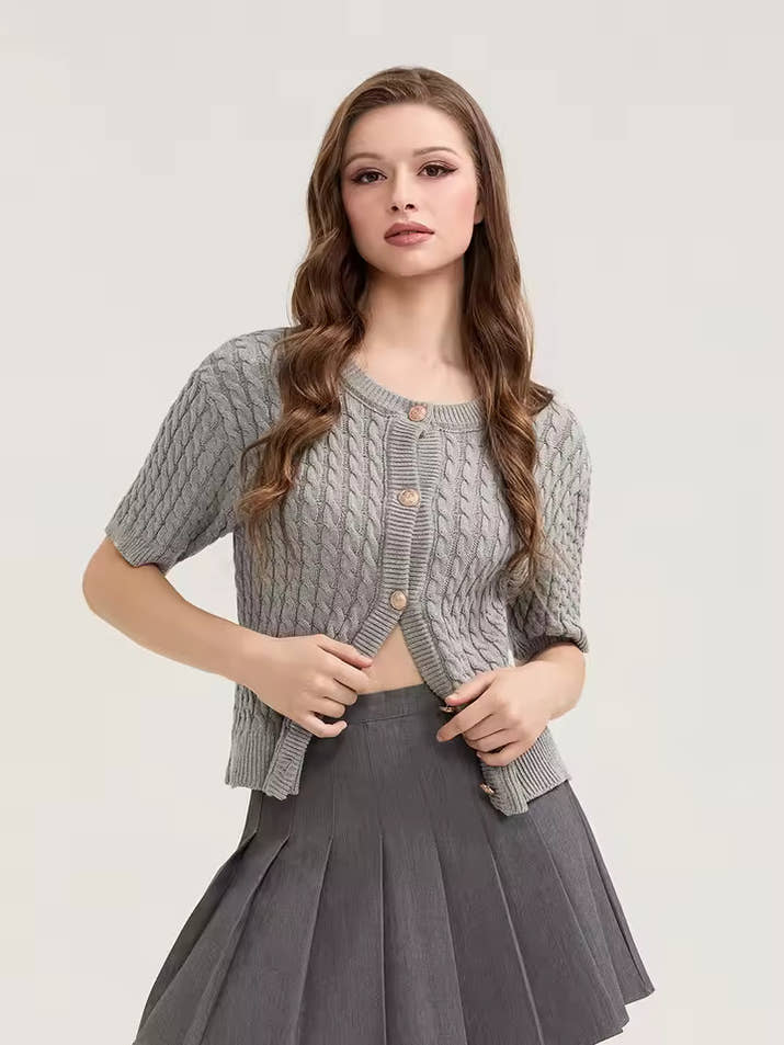 Solid Color Knit Cardigan – Short Sleeve Slim Sweater for Women