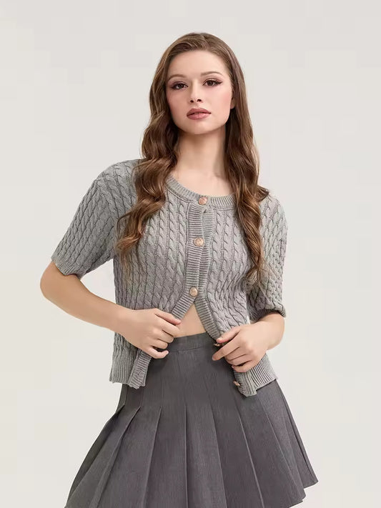 Solid Color Knit Cardigan – Short Sleeve Slim Sweater for Women