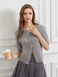 Solid Color Knit Cardigan – Short Sleeve Slim Sweater for Women