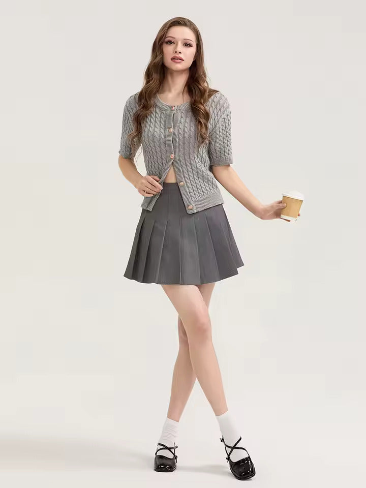 Solid Color Knit Cardigan – Short Sleeve Slim Sweater for Women