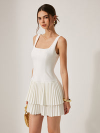 Square Collar Mini Dress – Sleeveless Summer Pleated Slim Dress