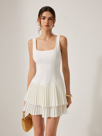 Square Collar Mini Dress – Sleeveless Summer Pleated Slim Dress
