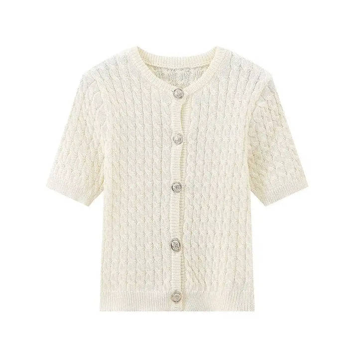Cream-colored knitted cardigan with buttons on a white background