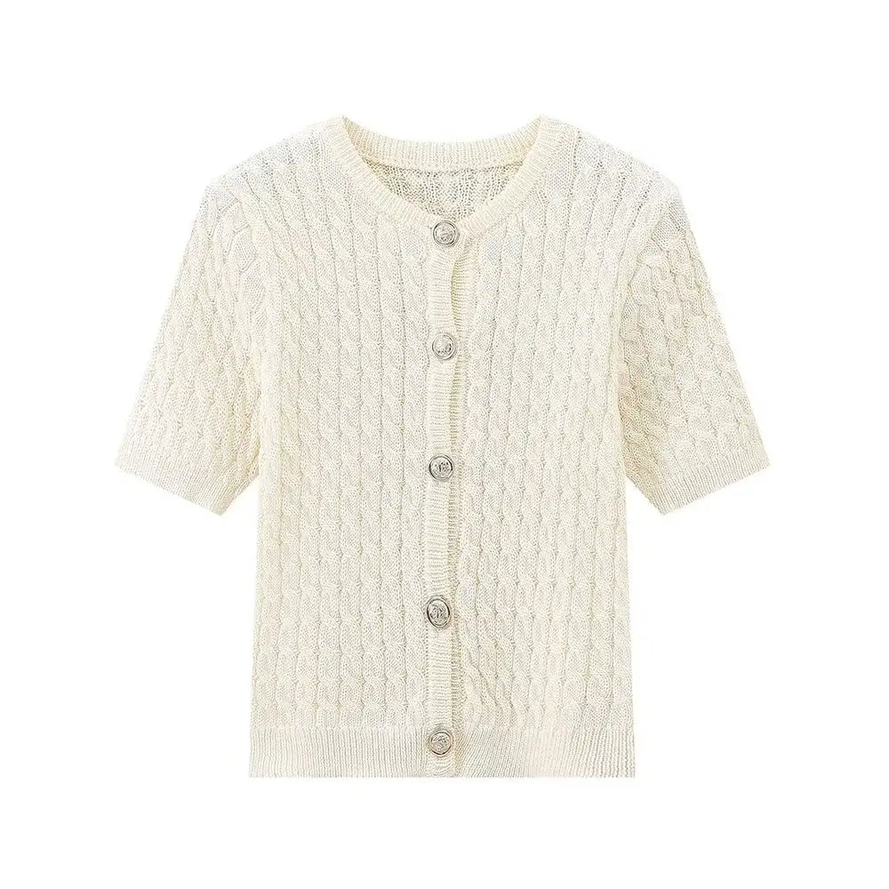 Cream-colored knitted cardigan with buttons on a white background