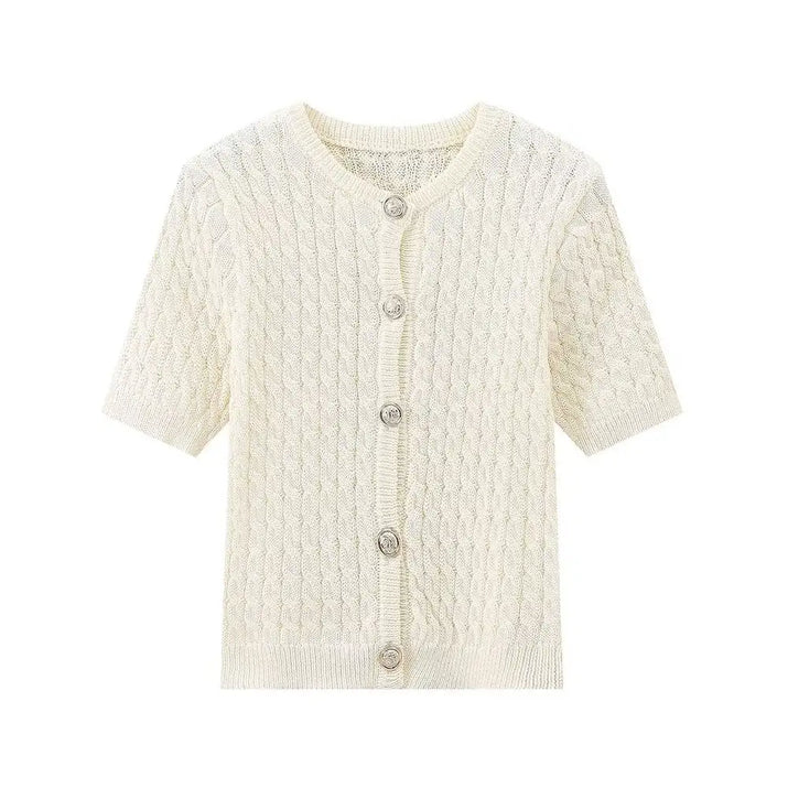 Cream-colored knitted cardigan with buttons on a white background