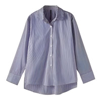 Striped Shirt Women - Blue-White Lantern Sleeve Loose Office Shirt