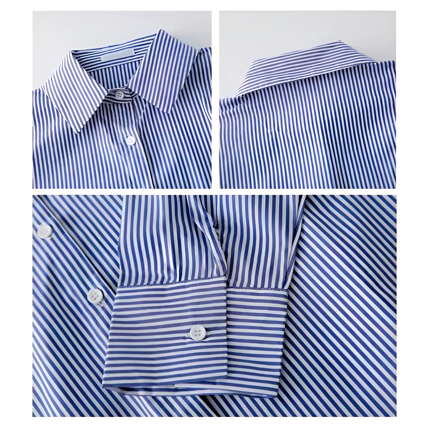 Striped Shirt Women - Blue-White Lantern Sleeve Loose Office Shirt