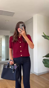 Solid Color Knit Cardigan – Short Sleeve Slim Sweater for Women