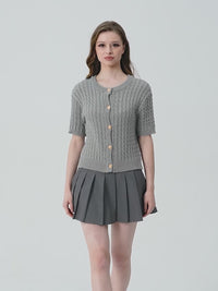 Solid Color Knit Cardigan – Short Sleeve Slim Sweater for Women