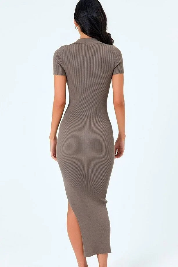 Woman wearing a khaki polo collar long knit dress with side slit and button-down front, styled for casual and office occasions.